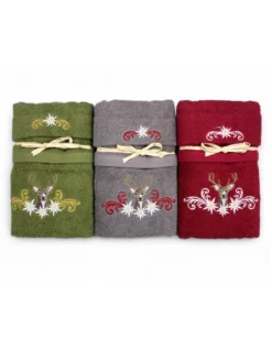 Set Asciugamani Tirolese Cervo e Stelle Alpine Grigio - Tirolo - Spugna 100% Cotone - Ricamo Made in Italy