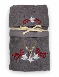 Set Asciugamani Tirolese Cervo e Stelle Alpine Grigio - Tirolo - Spugna 100% Cotone - Ricamo Made in Italy