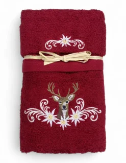 Set Asciugamani Tirolese Cervo e Stelle Alpine Bordeaux - Tirolo - Spugna 100% Cotone - Ricamo Made in Italy