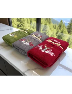 Set Asciugamani Tirolese Cervo e Stelle Alpine Bordeaux - Tirolo - Spugna 100% Cotone - Ricamo Made in Italy
