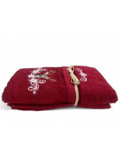 Set Asciugamani Tirolese Cervo e Stelle Alpine Bordeaux - Tirolo - Spugna 100% Cotone - Ricamo Made in Italy