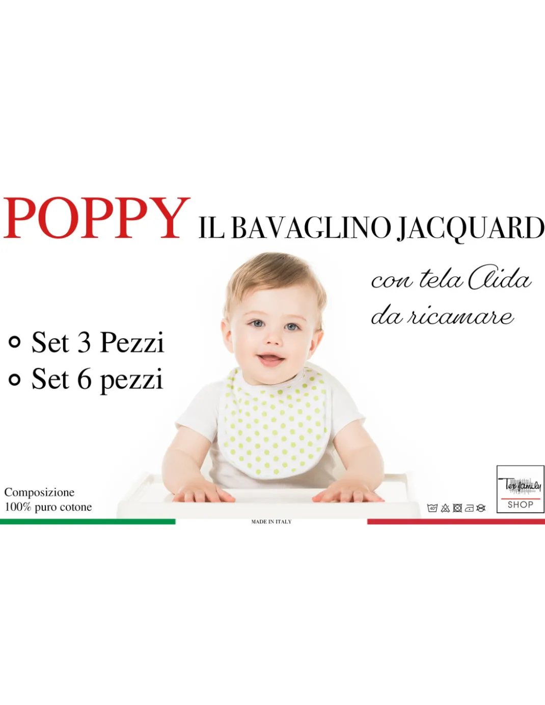 SET BAVAGLINI BAMBINA FEMMINA POPPY © cm. 24x30 bavaglio con elastico e tela AIDA