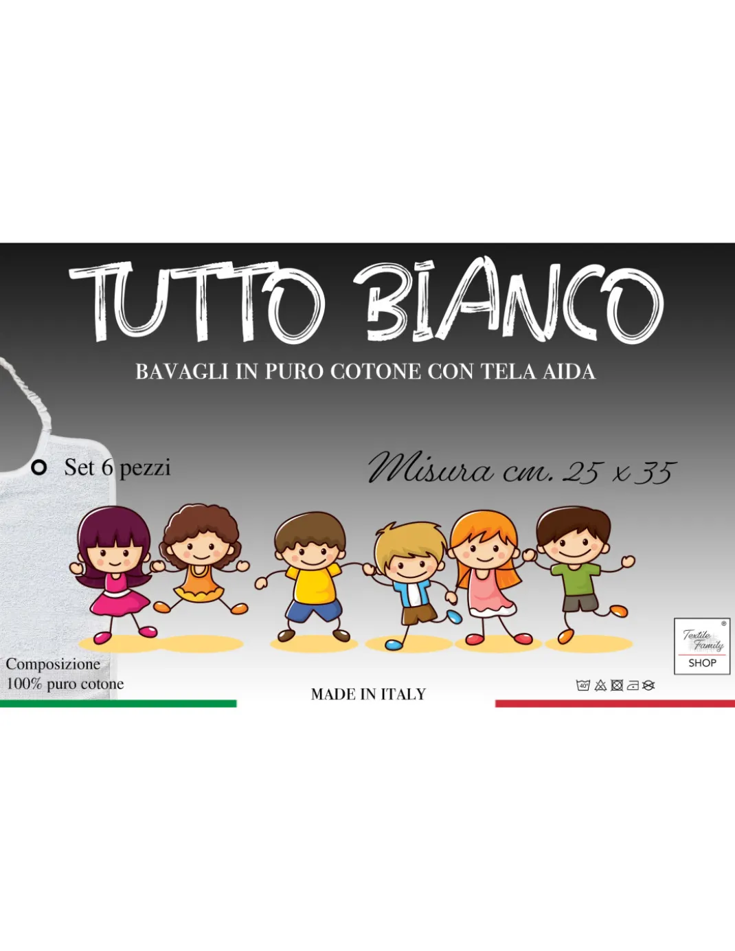 SET 6 BAVAGLINI bambino IN TINTA Unita TUTTO Bianco con elastico in Puro cotone con tela AIDA per ricamare il nome