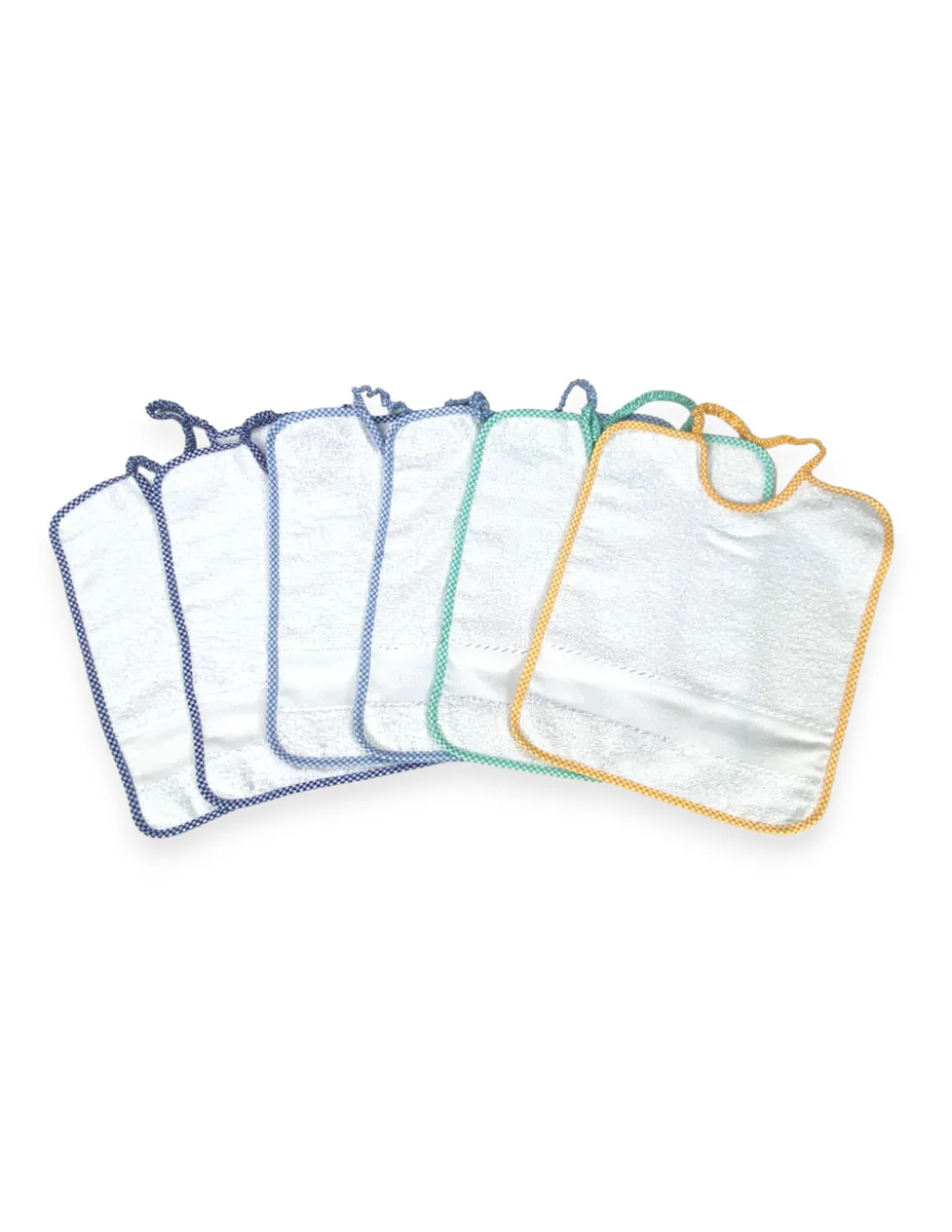 SET 6 BAVAGLINI BAVETTE bambino POLLICINO © cm. 28 x 33 bavaglio con elastico puro cotone con tela AIDA per ricamare il nome