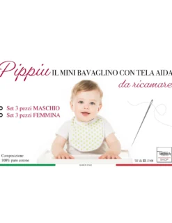 SET 3 BAVAGLINI BAVETTE bambino PIPPÌU © cm. 16x18 misura MINI bavaglio con lacci con tela aida