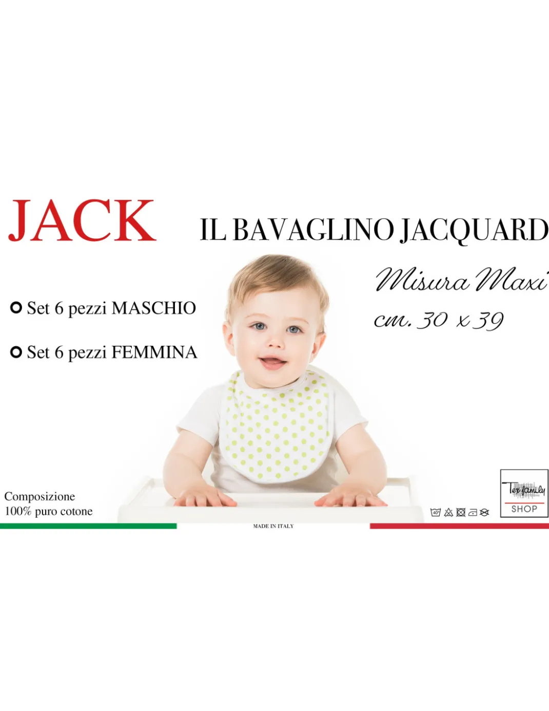SET 6 BAVAGLINI BAVETTE bambino JACK © cm. 30x39 misura MAXI bavaglio con elastico puro cotone