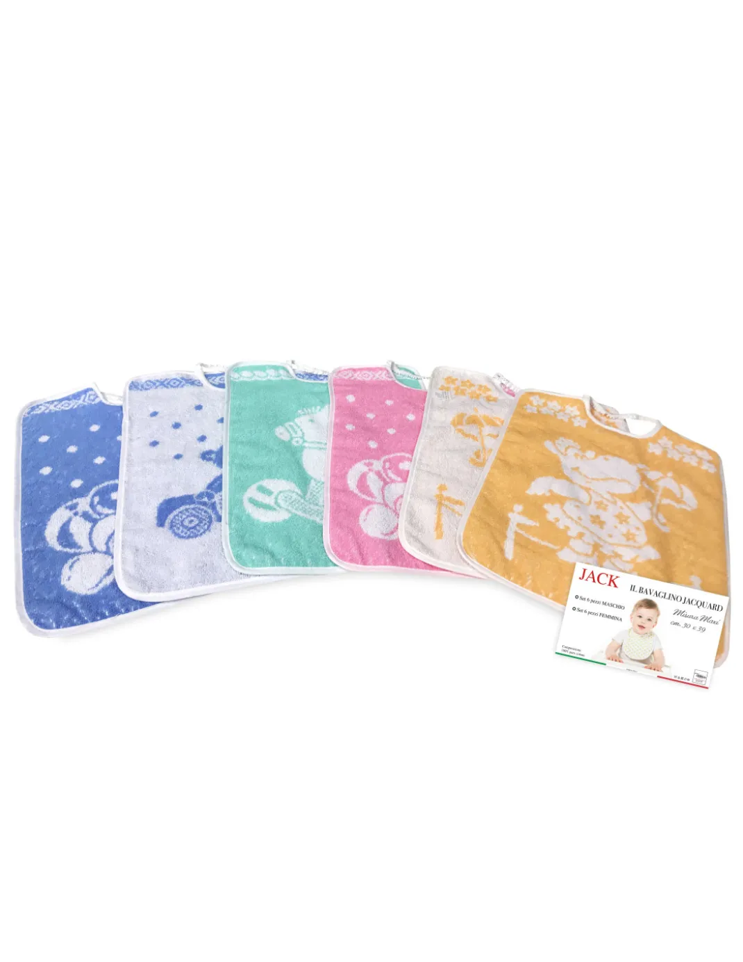 SET 6 BAVAGLINI BAVETTE bambino JACK © cm. 30x39 misura MAXI bavaglio con elastico puro cotone