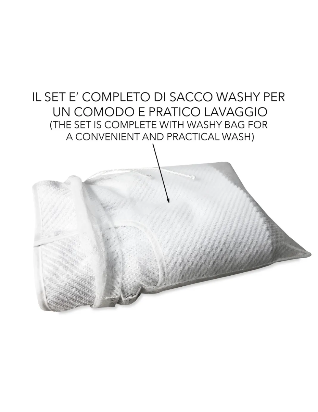 SET BAVAGLIONE ADULTO tinta unita bianco ROMOLO © bavaglio con LACCI completo di sacco per il lavaggio