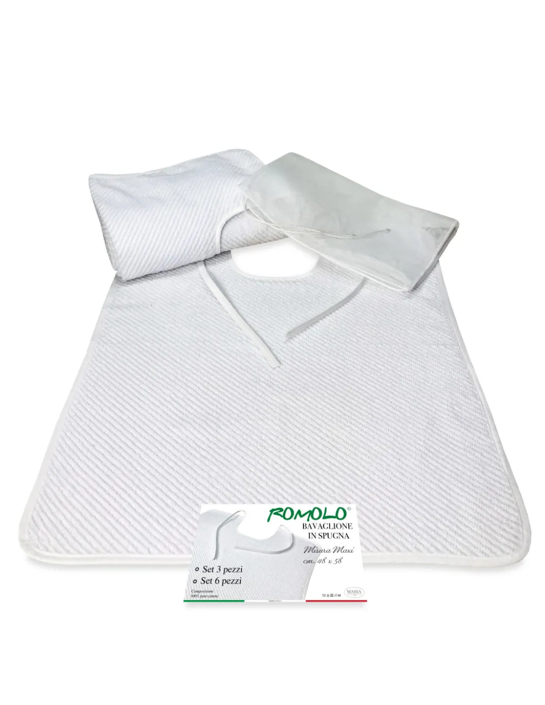 SET BAVAGLIONE ADULTO tinta unita bianco ROMOLO © bavaglio con LACCI completo di sacco per il lavaggio