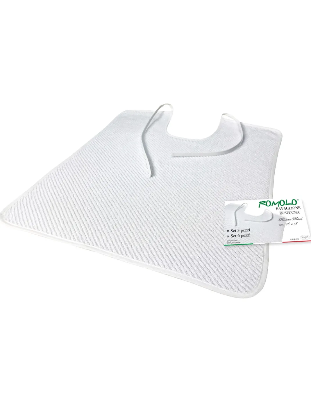 SET BAVAGLIONE ADULTO tinta unita bianco ROMOLO © bavaglio con LACCI completo di sacco per il lavaggio