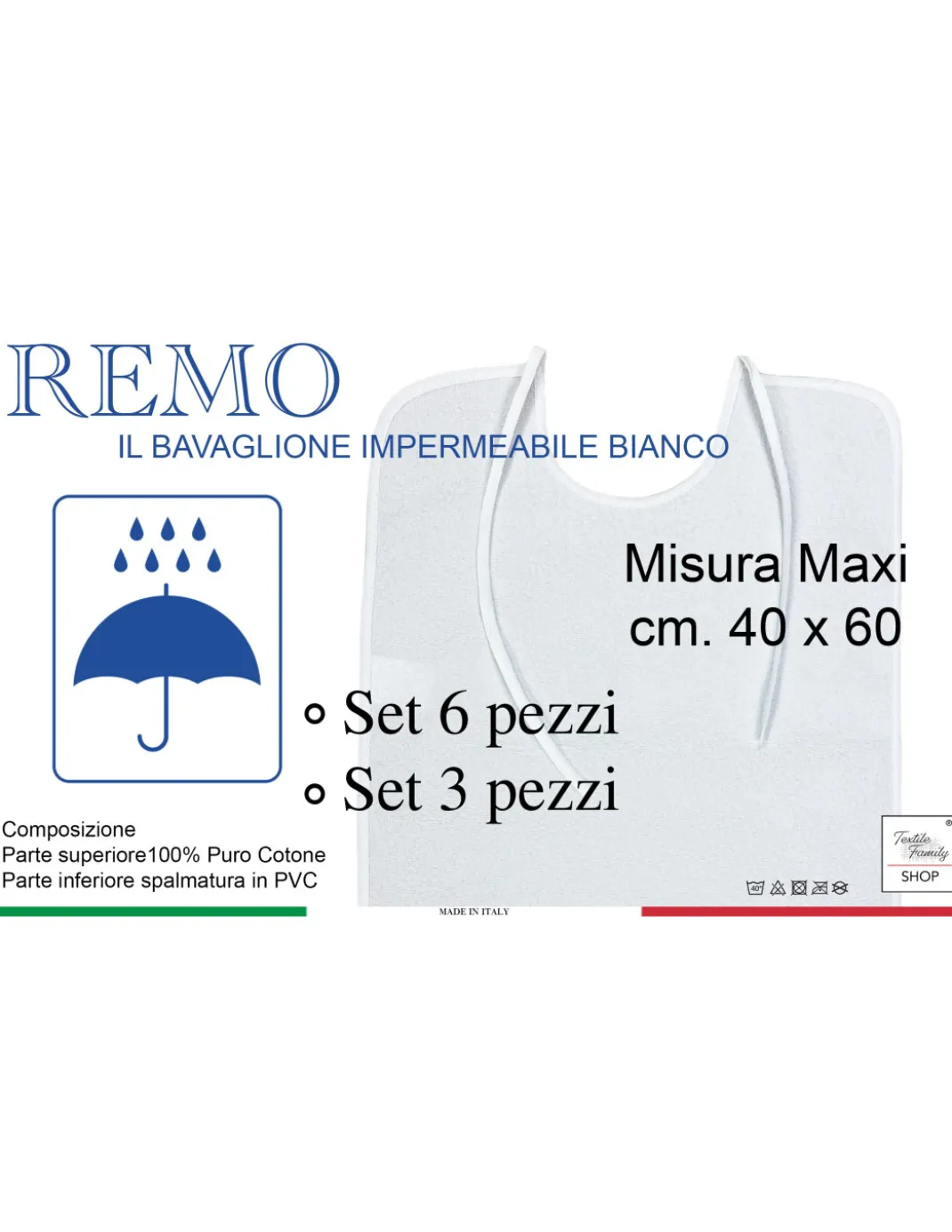 SET Bavaglione Bianco da ADULTO Impermeabile REMO © bavaglio con LACCI antimacchia