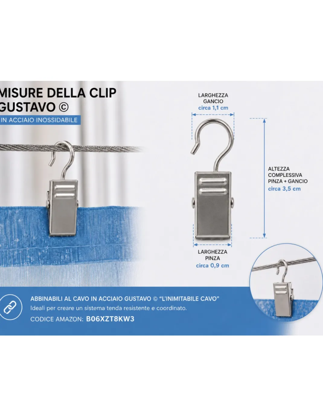Set 20 Clip Gustavo in Acciaio Inox per Tende, Mollette con Gancio a S Reggitenda