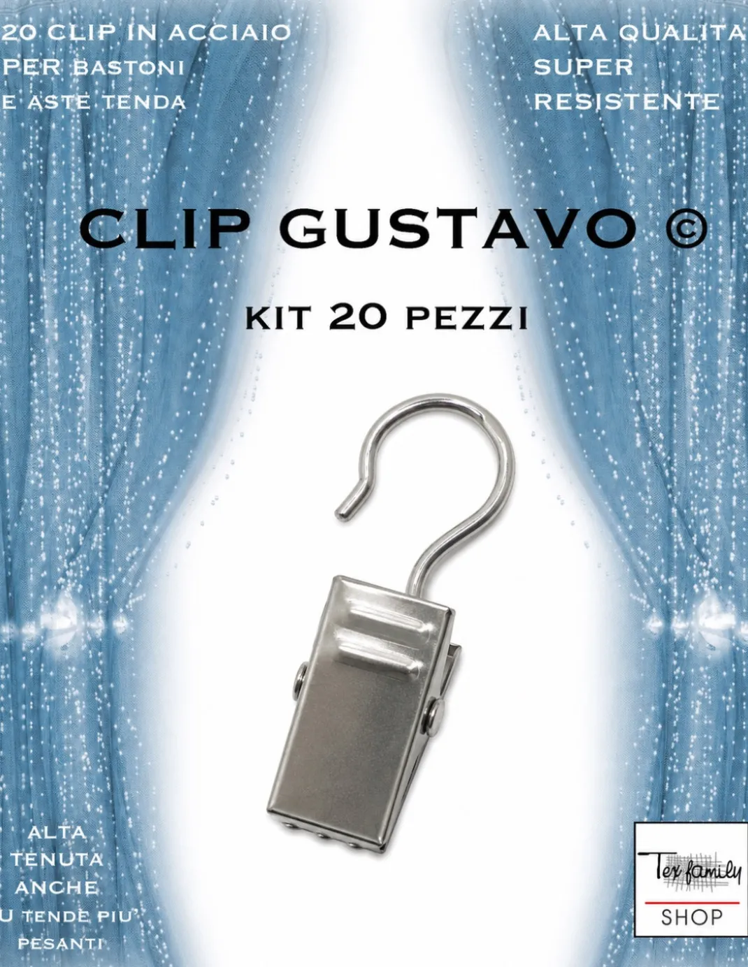 Set 20 Clip Gustavo in Acciaio Inox per Tende, Mollette con Gancio a S Reggitenda
