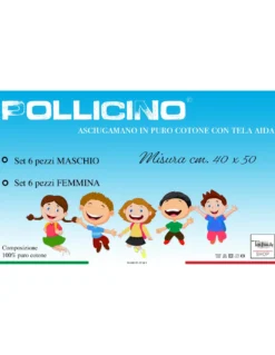 SET di 6 ASCIUGAMANI POLLICINO © ASILO bordati in TINTA UNITA con tela AIDA per ricamare il nome