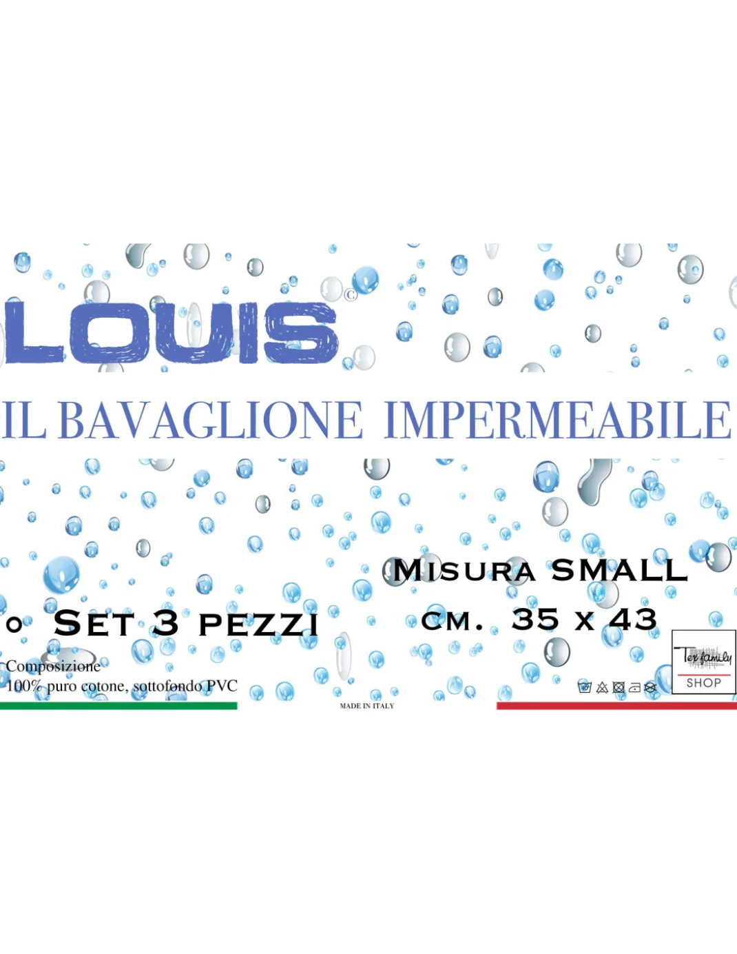 SET DI 3 BAVAGLIONE ADULTO impermeabile LOUIS © bavaglio con LACCI antimacchia misura SMALL completo di sacco per il lavaggio