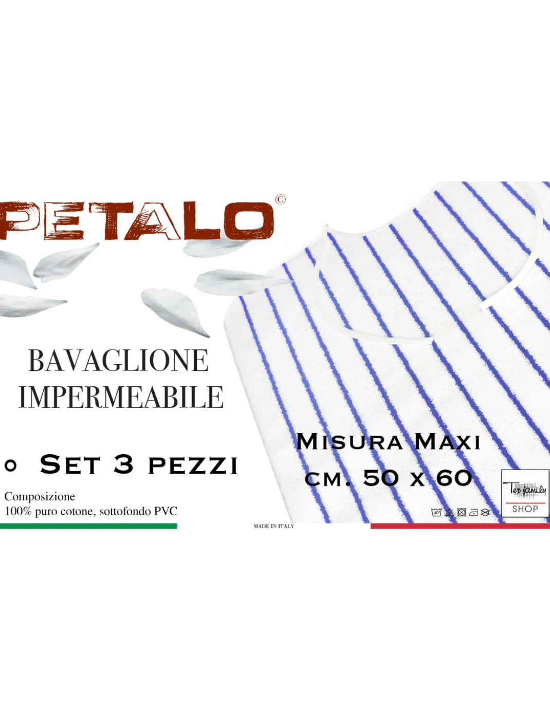 SET DI 3 BAVAGLIONE ADULTO impermeabile PETALO © bavaglio con LACCI antimacchia misura MAXI completo di sacco per il lavaggio