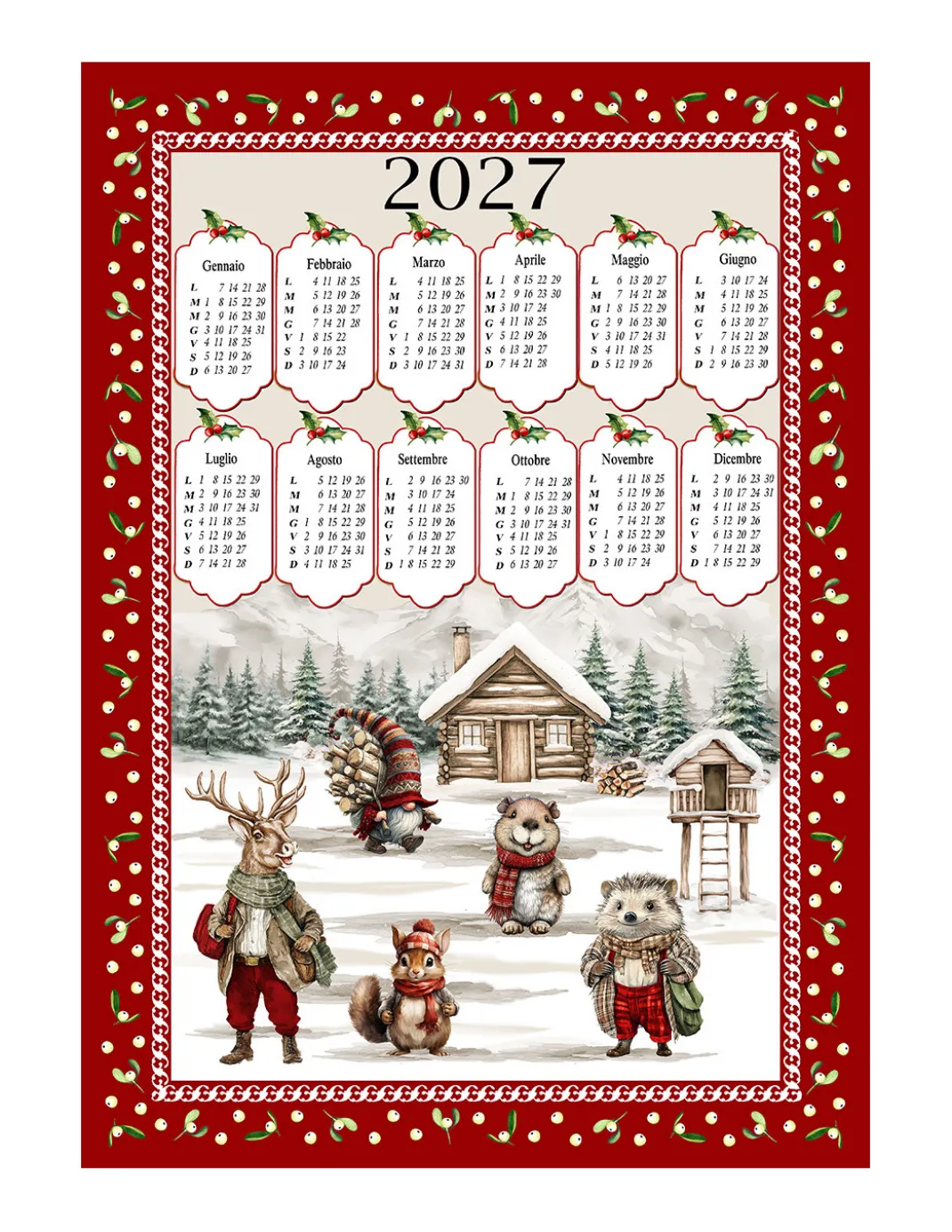 Strofinacci cucina cotone Natale calendario 2027 maxi 50x70cm – Set 6 Pezzi, 3 Stampe, Idea Regalo, Made in Italy variante A