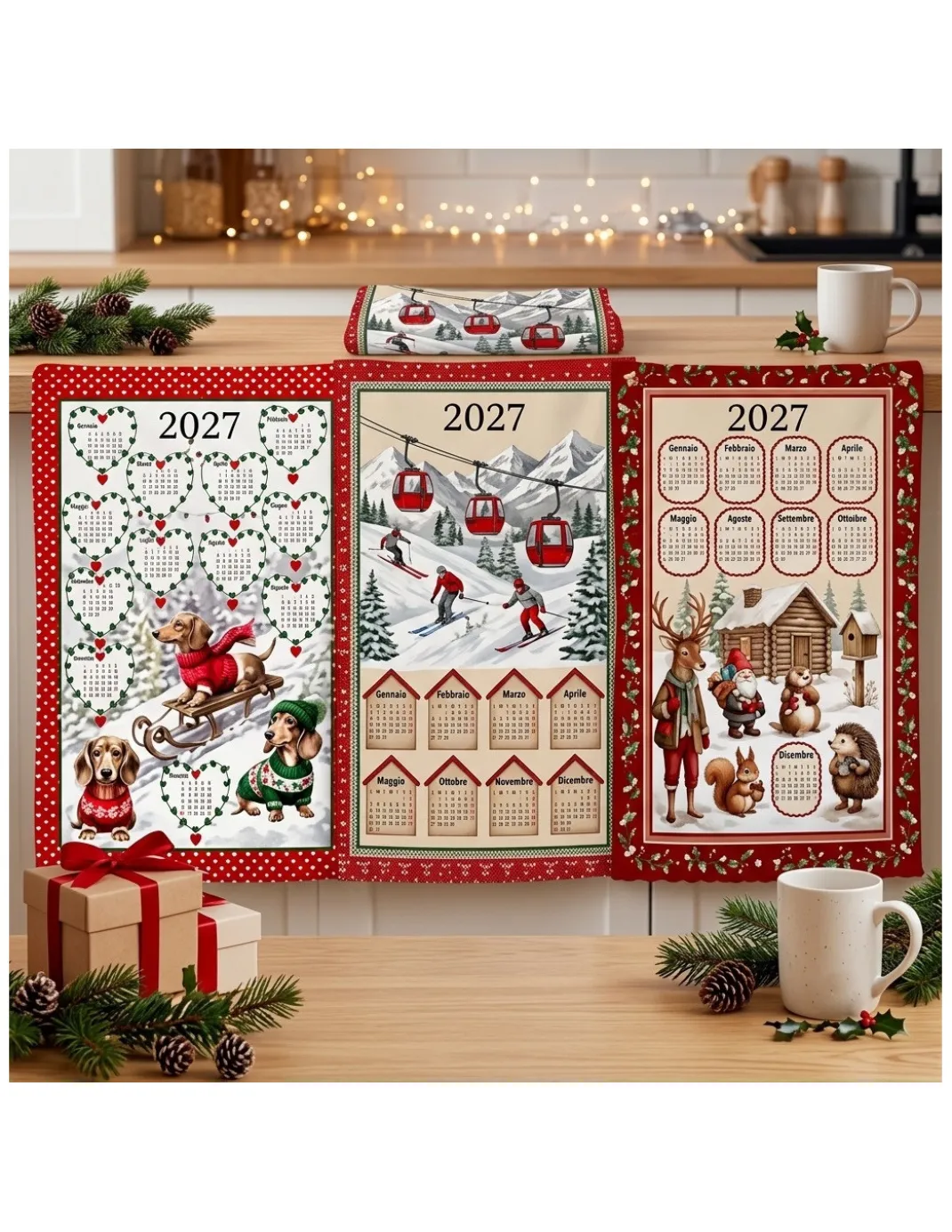 Strofinacci cucina cotone Natale calendario 2027 maxi 50x70cm – Set 6 Pezzi, 3 Stampe, Idea Regalo, Made in Italy variante A