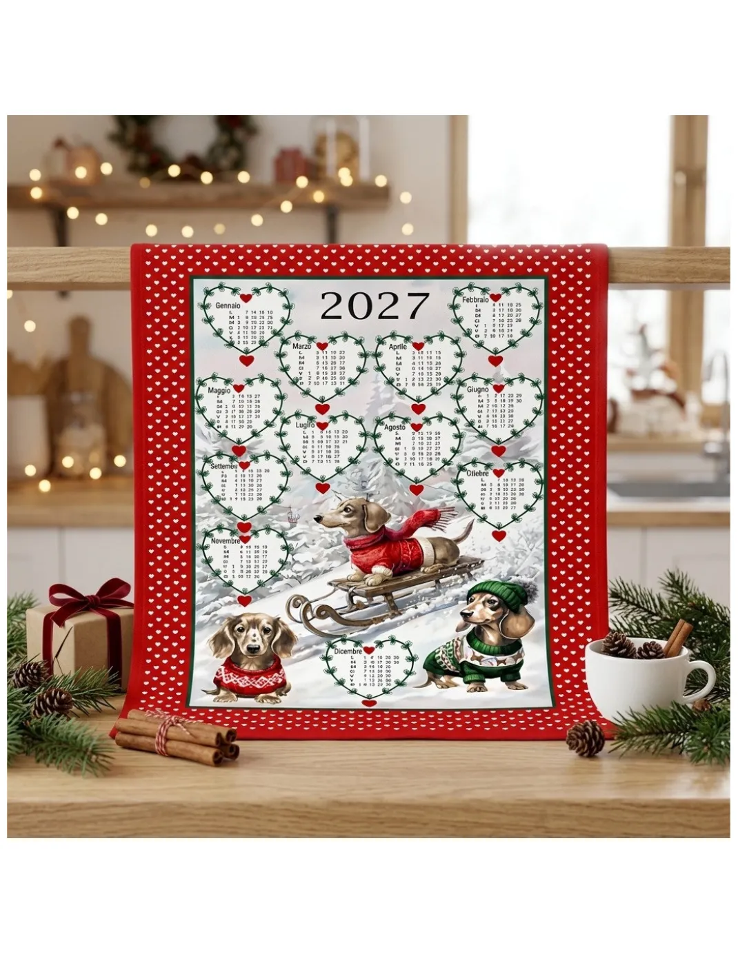 Strofinacci cucina cotone Natale calendario 2027 maxi 50x70cm – Set 6 Pezzi, 3 Stampe, Idea Regalo, Made in Italy variante A