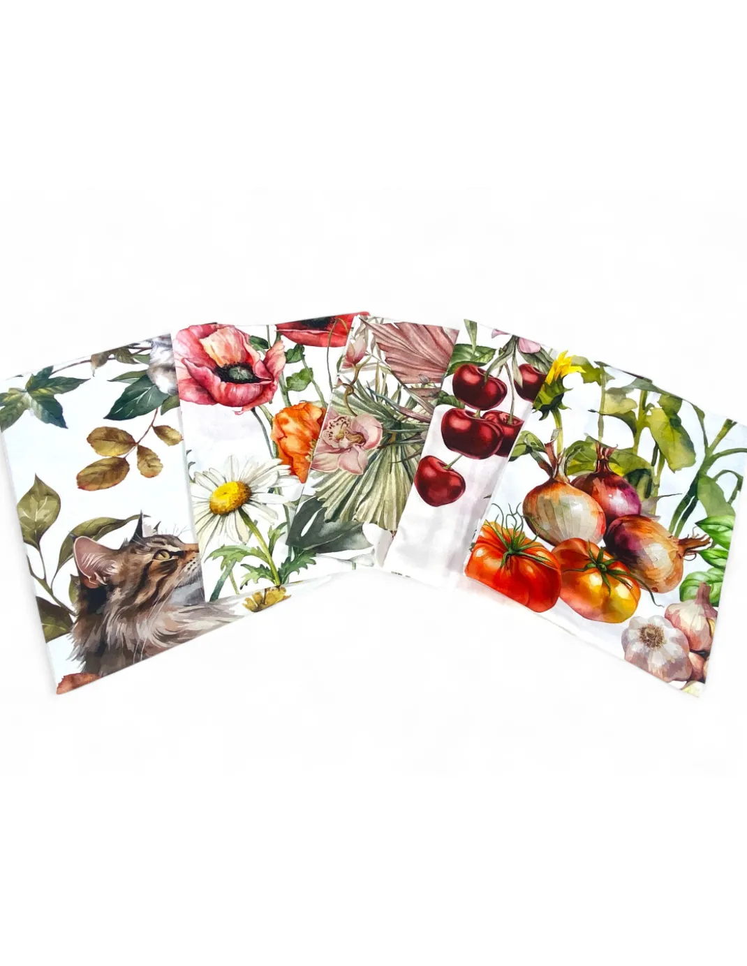 Strofinacci Cucina Cotone Set 5 Pezzi 50x70 cm - Fantasie Floreali e Gatti - con Asola