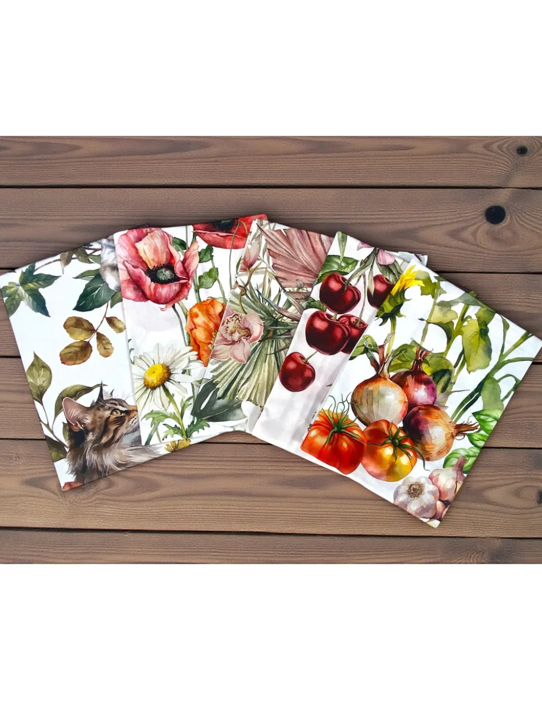 Strofinacci Cucina Cotone Set 5 Pezzi 50x70 cm - Fantasie Floreali e Gatti - con Asola