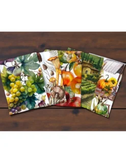Strofinacci Cucina Cotone Set 5 Pezzi 50x70 cm - Fantasie Autunnali - con Asola - Frutta, Vigna e Natura