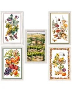 Strofinacci Cucina Cotone Set 5 Pezzi 50x70 cm - Fantasie Autunnali - con Asola - Frutta, Vigna e Natura