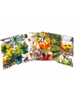 Strofinacci Cucina Cotone Set 5 Pezzi 50x70 cm - Fantasie Autunnali - con Asola - Frutta, Vigna e Natura
