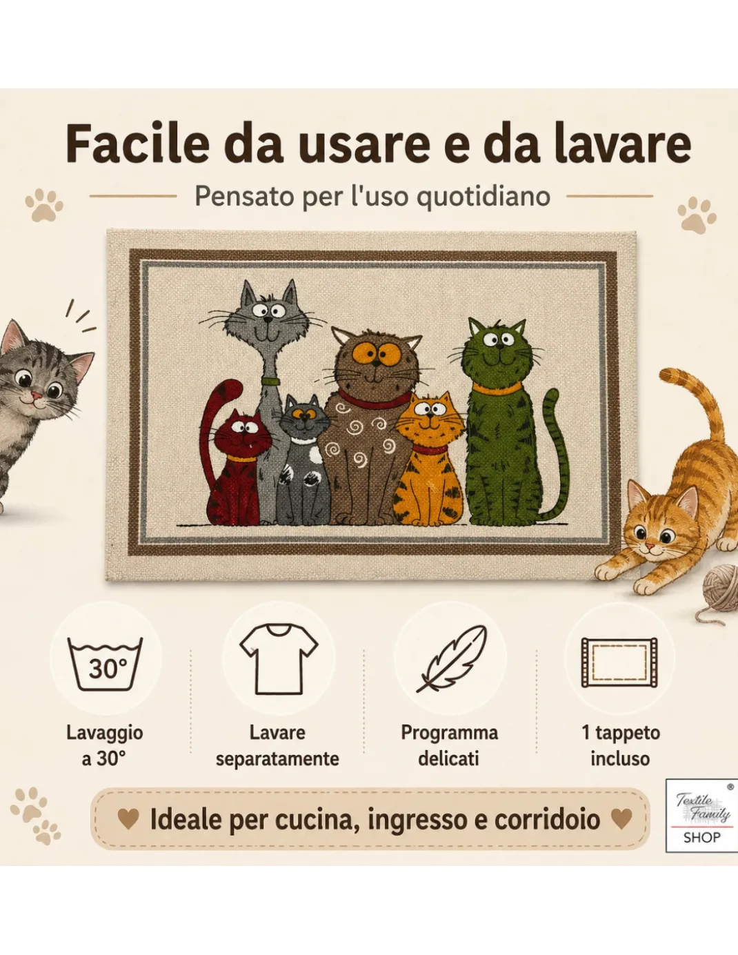Tappeto Cucina Gatti 100% Cotone Antiscivolo Beige Multiuso