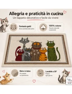 Tappeto Cucina Gatti 100% Cotone Antiscivolo Beige Multiuso
