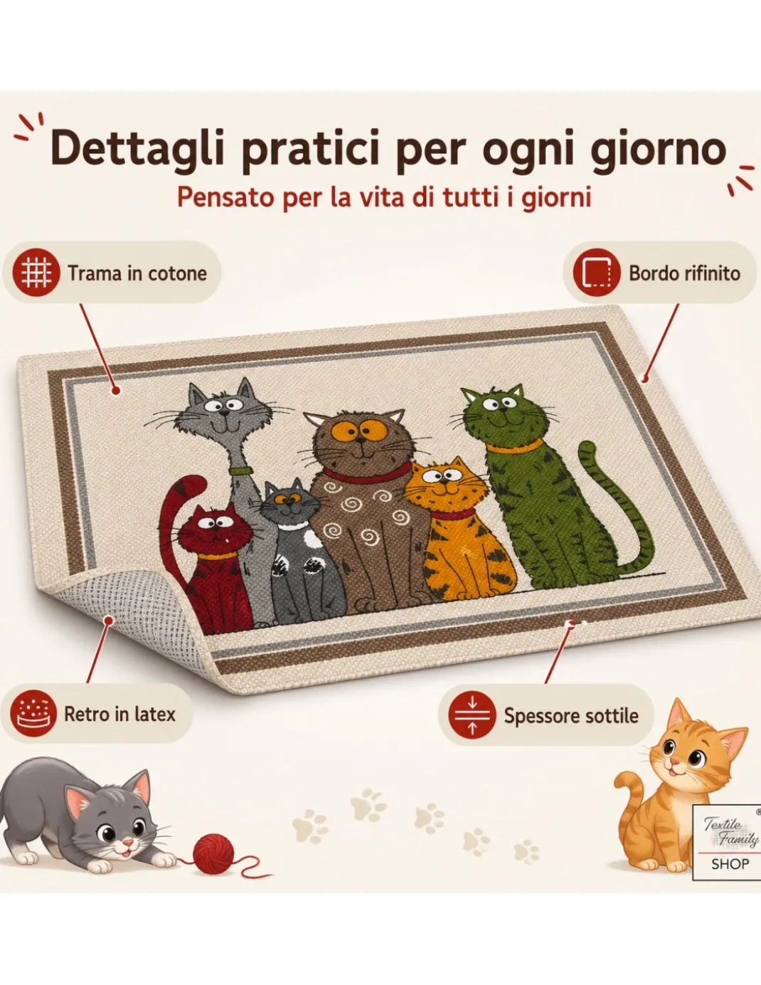 Tappeto Cucina Gatti 100% Cotone Antiscivolo Beige Multiuso