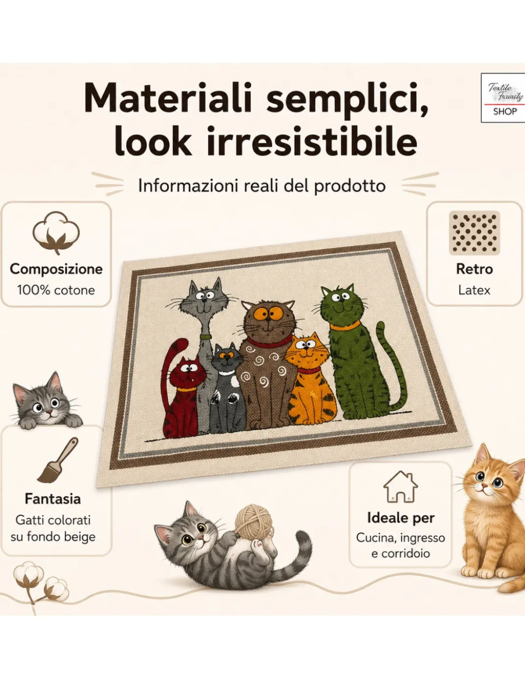 Tappeto Cucina Gatti 100% Cotone Antiscivolo Beige Multiuso