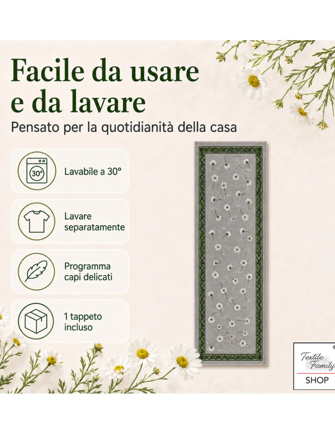 Tappeto Cucina Margherite 100% Cotone Antiscivolo Grigio Multiuso