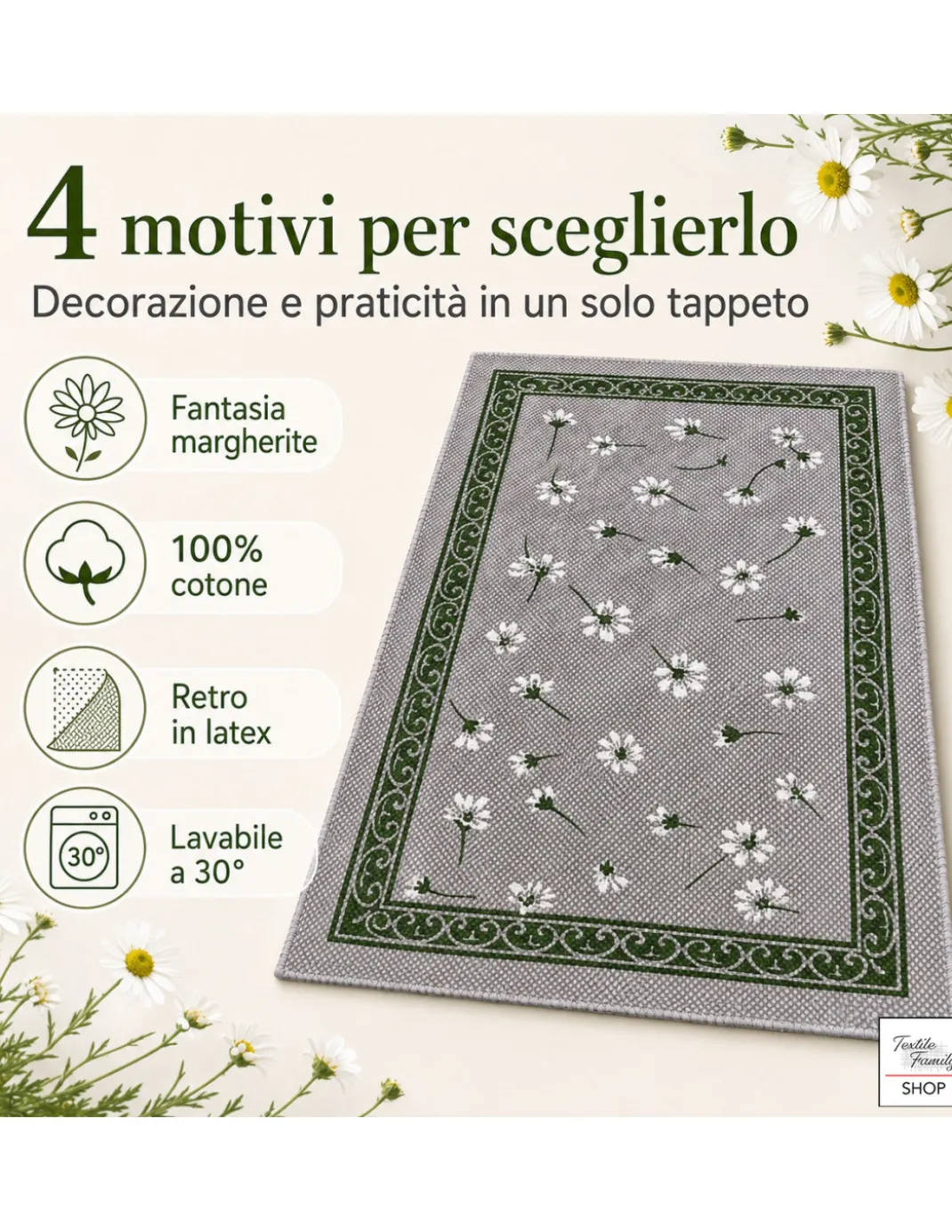 Tappeto Cucina Margherite 100% Cotone Antiscivolo Grigio Multiuso