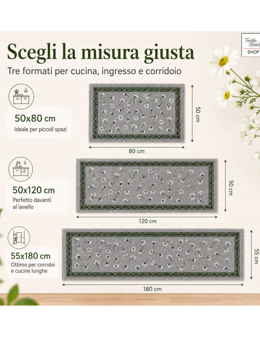 Tappeto Cucina Margherite 100% Cotone Antiscivolo Grigio Multiuso