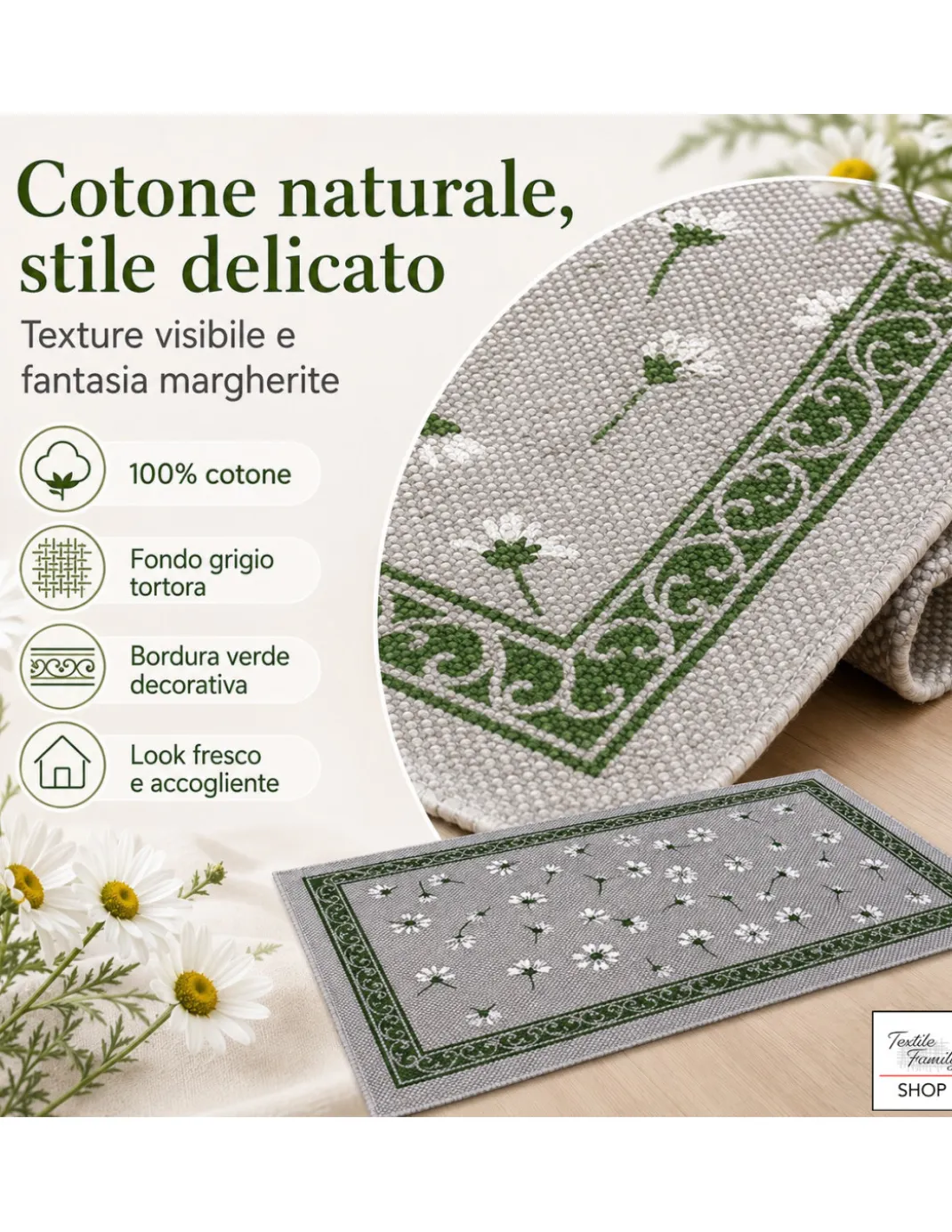 Tappeto Cucina Margherite 100% Cotone Antiscivolo Grigio Multiuso