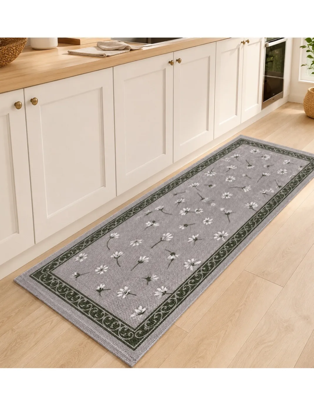 Tappeto Cucina Margherite 100% Cotone Antiscivolo Grigio Multiuso