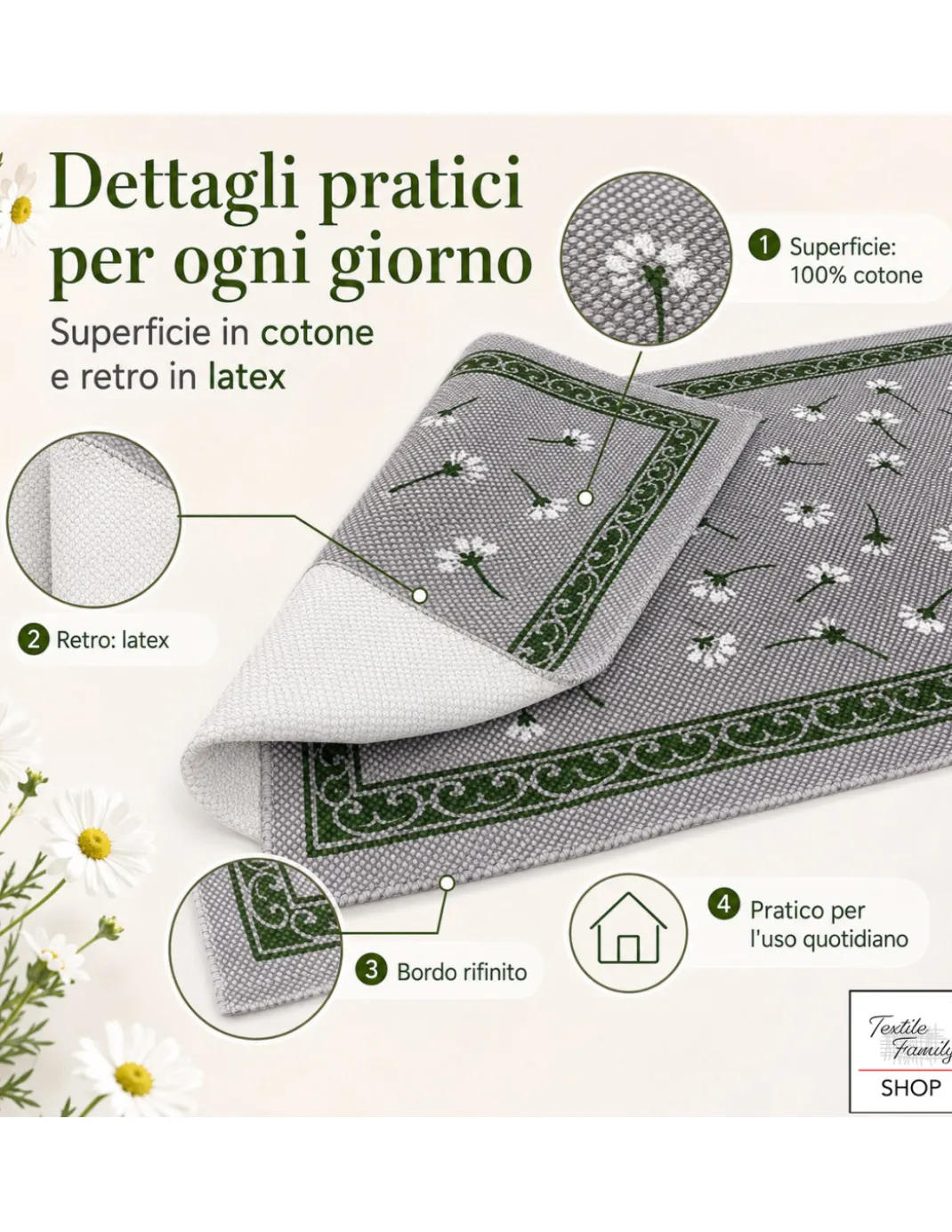 Tappeto Cucina Margherite 100% Cotone Antiscivolo Grigio Multiuso