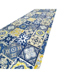 Tappeto Cucina Runner Antiscivolo - Passatoia Lavabile, Fantasia Maiolica Blu e Giallo, Design Moderno - Made in Italy