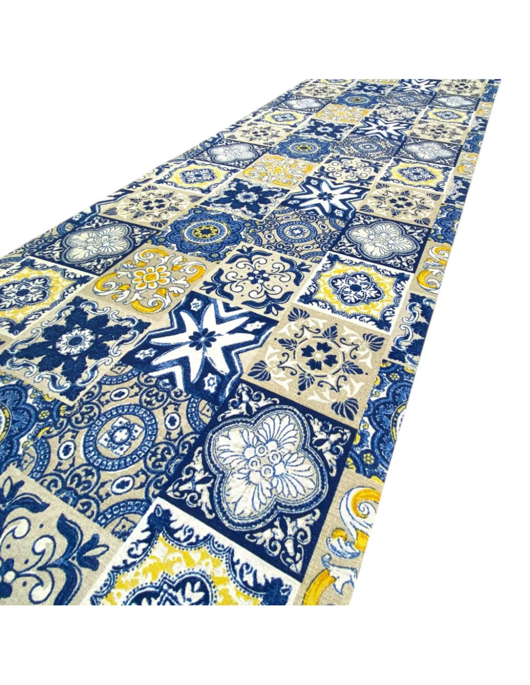 Tappeto Cucina Runner Antiscivolo - Passatoia Lavabile, Fantasia Maiolica Blu e Giallo, Design Moderno - Made in Italy