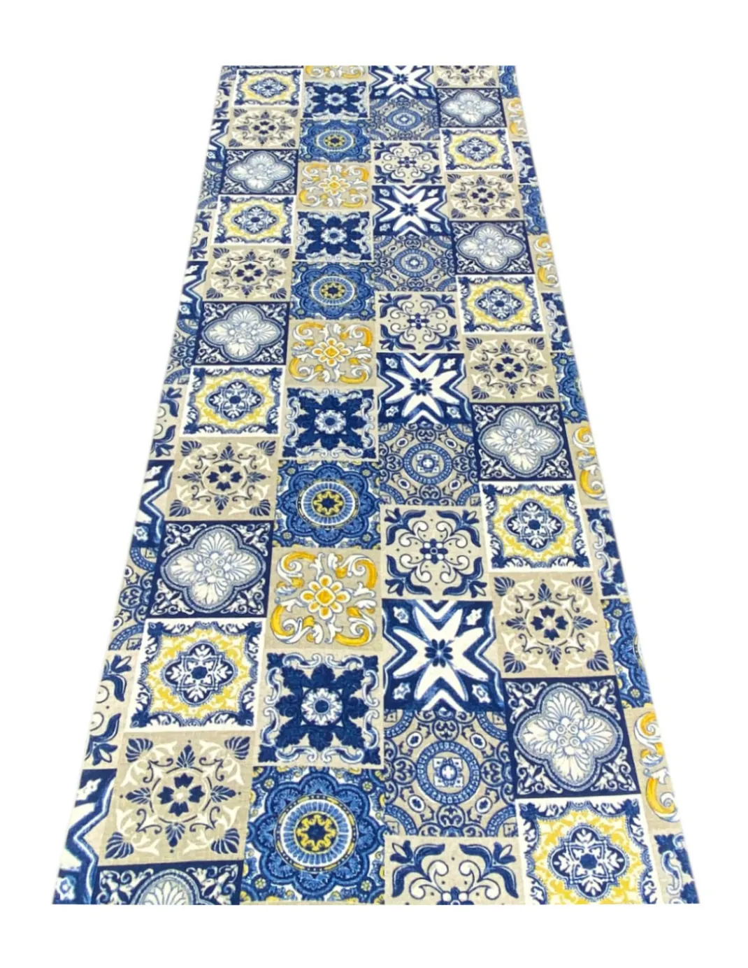 Tappeto Cucina Runner Antiscivolo - Passatoia Lavabile, Fantasia Maiolica Blu e Giallo, Design Moderno - Made in Italy