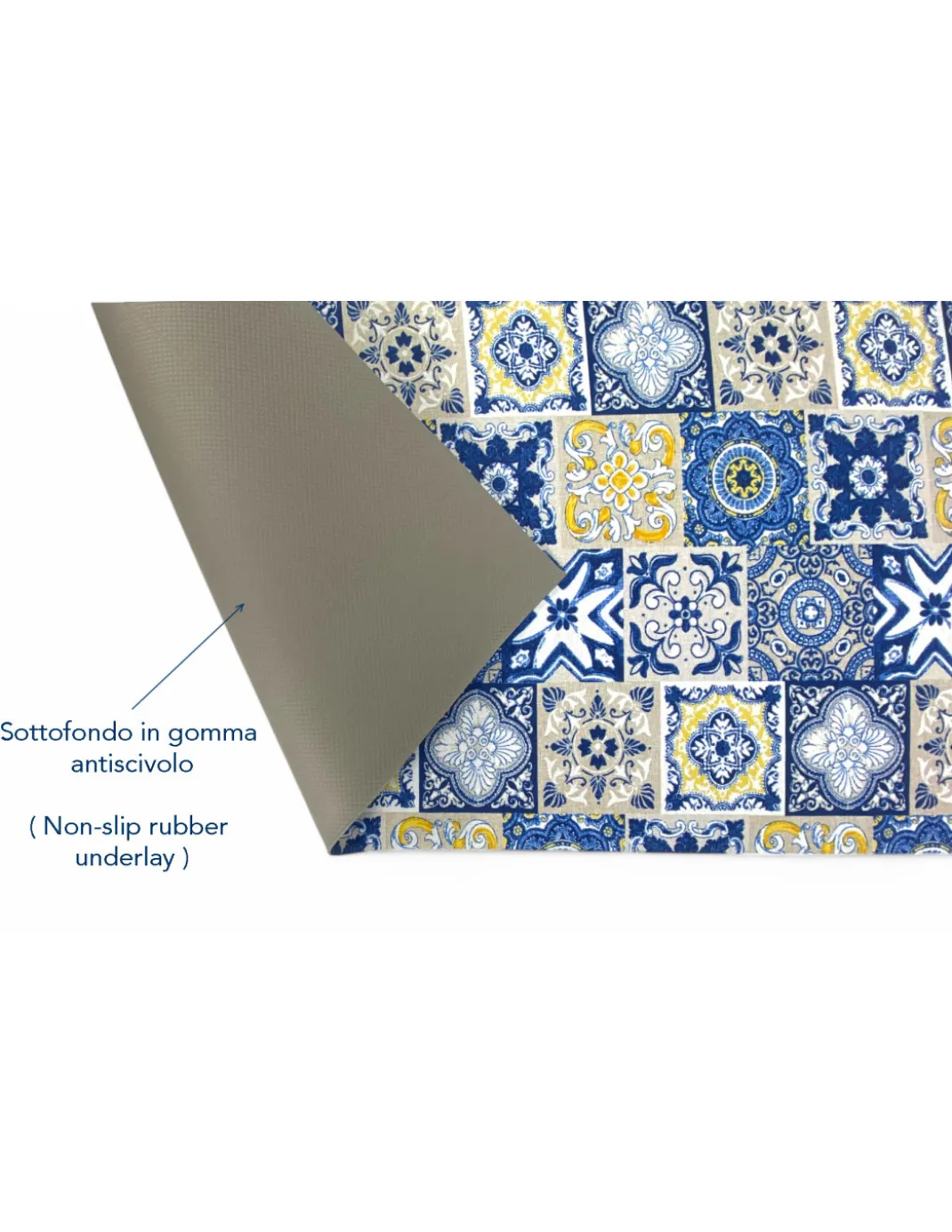 Tappeto Cucina Runner Antiscivolo - Passatoia Lavabile, Fantasia Maiolica Blu e Giallo, Design Moderno - Made in Italy