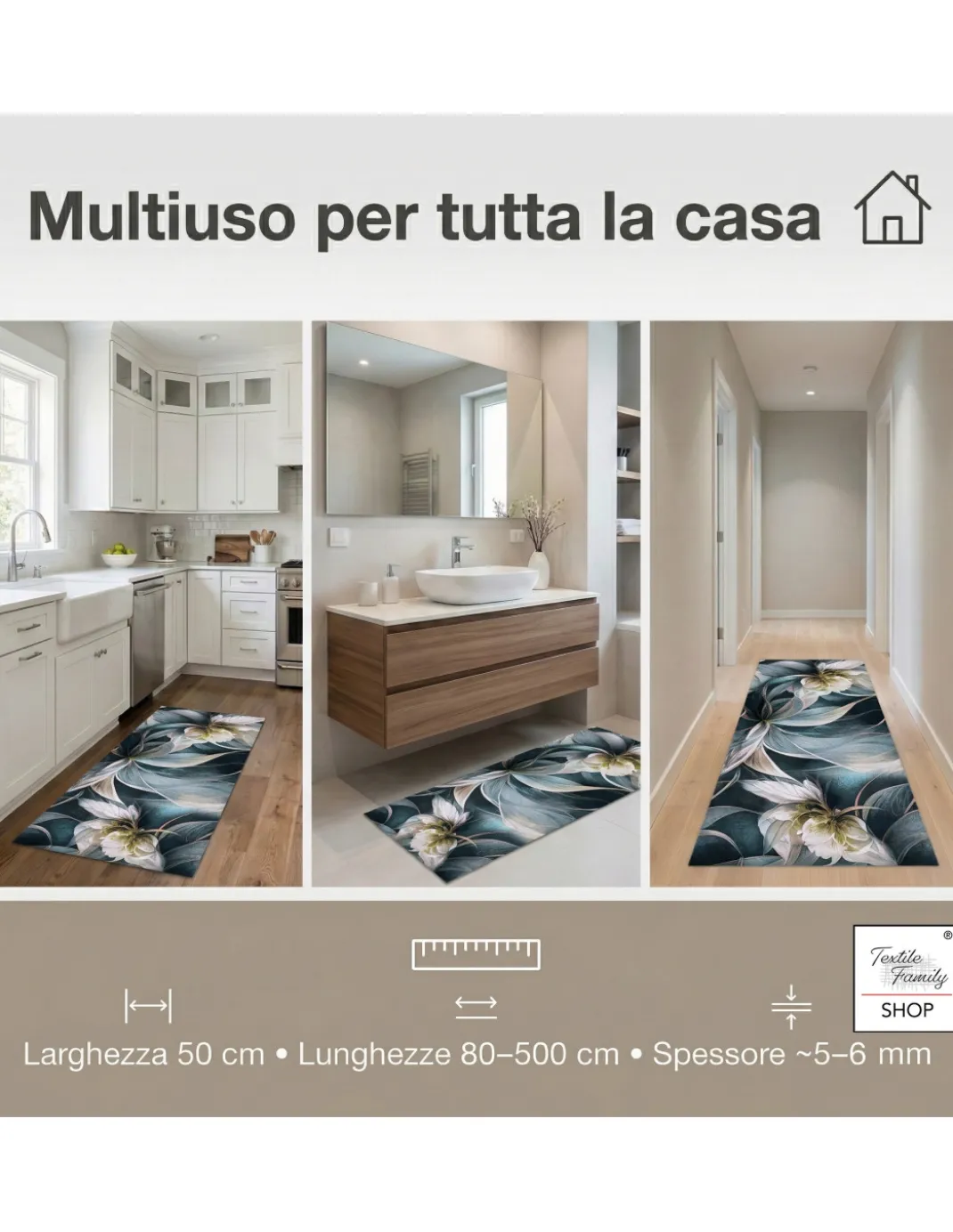 Tappeto Cucina Runner Gigli Antiscivolo 50 cm, Lavabile e Tagliabile, Fondo PVC, 100% Poliestere, Made in Italy