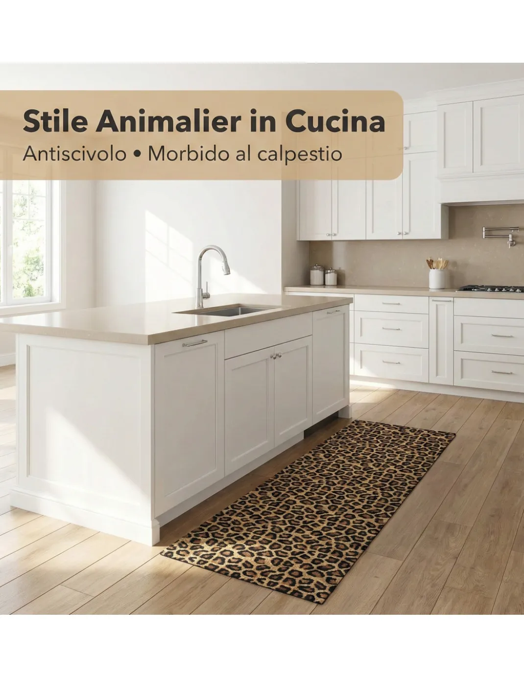 Tappeto Cucina Runner Leopardato Antiscivolo PVC 50 cm - Passatoia Tagliabile Made in Italy