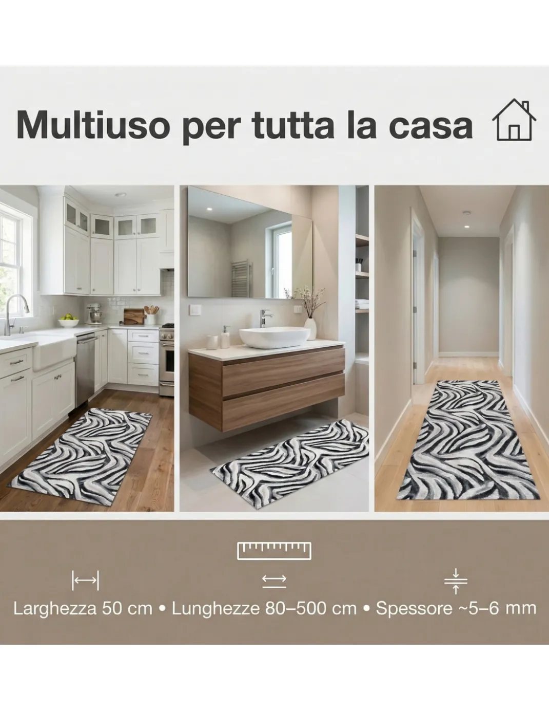 Tappeto Cucina Runner Zebrato Antiscivolo PVC 50 cm - Passatoia Tagliabile Made in Italy