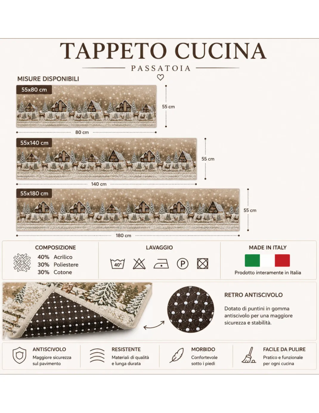 Tappeto Cucina Tirolese Chalet Beige Passatoia Antiscivolo Made in Italy