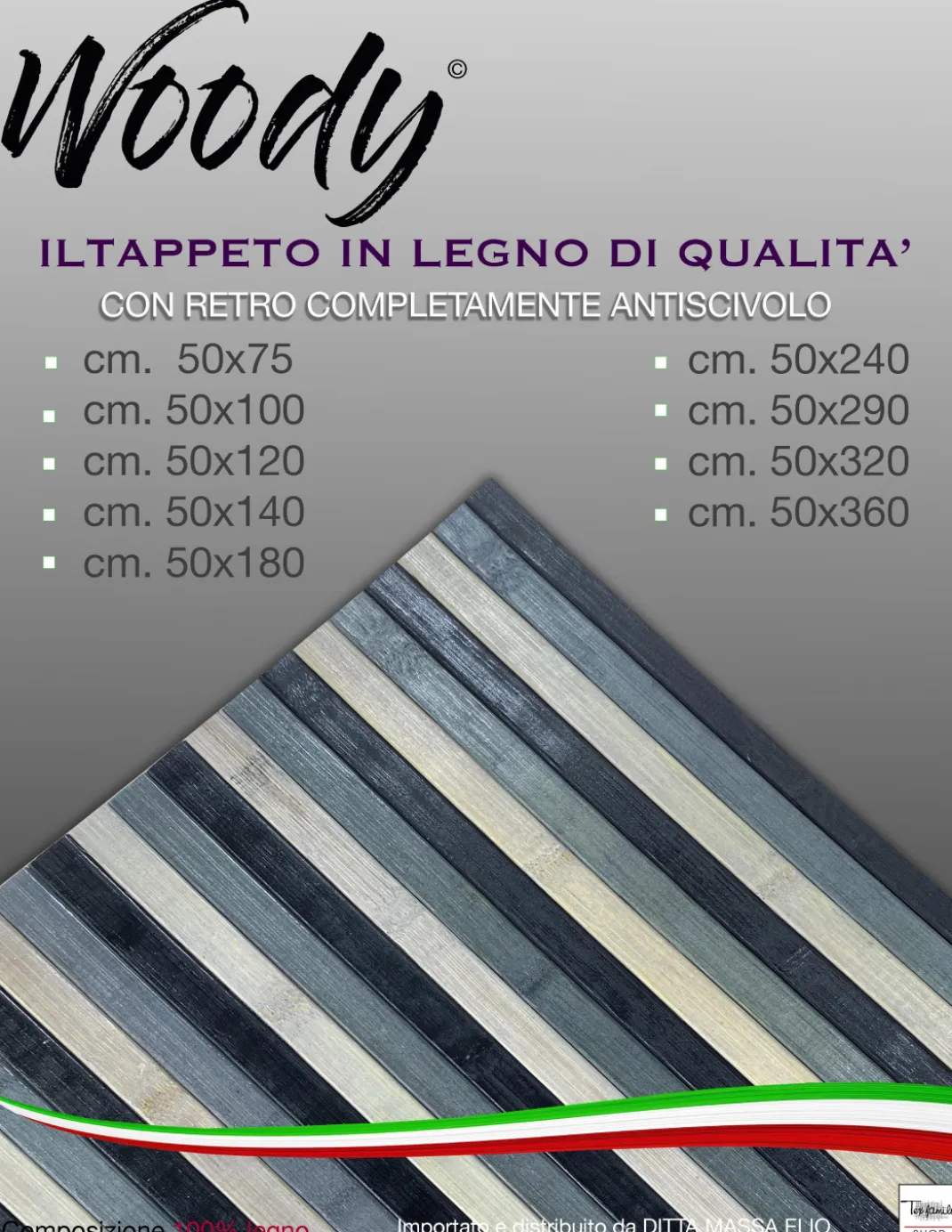 TAPPETO cucina WOODY © IN legno BAMBOO GRIGIO NERO SFUMATO tutte le misure