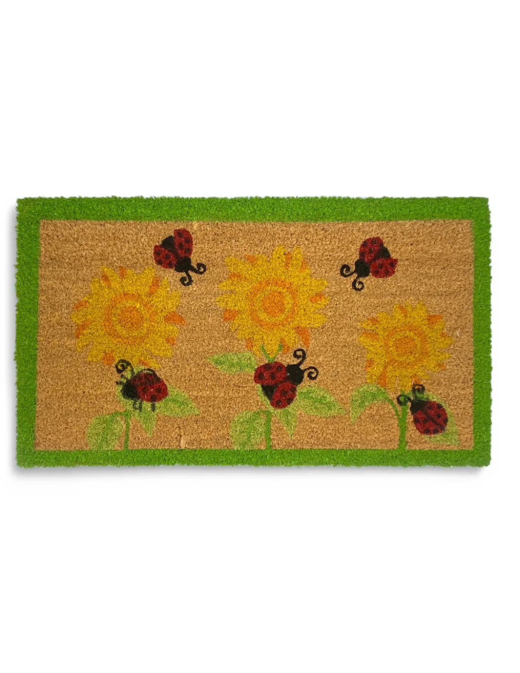 Tappeto Ingresso Esterno in Cocco - Zerbino Antiscivolo con Coccinelle e Girasoli - 40x70 cm