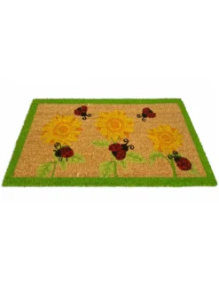 Tappeto Ingresso Esterno in Cocco - Zerbino Antiscivolo con Coccinelle e Girasoli - 40x70 cm