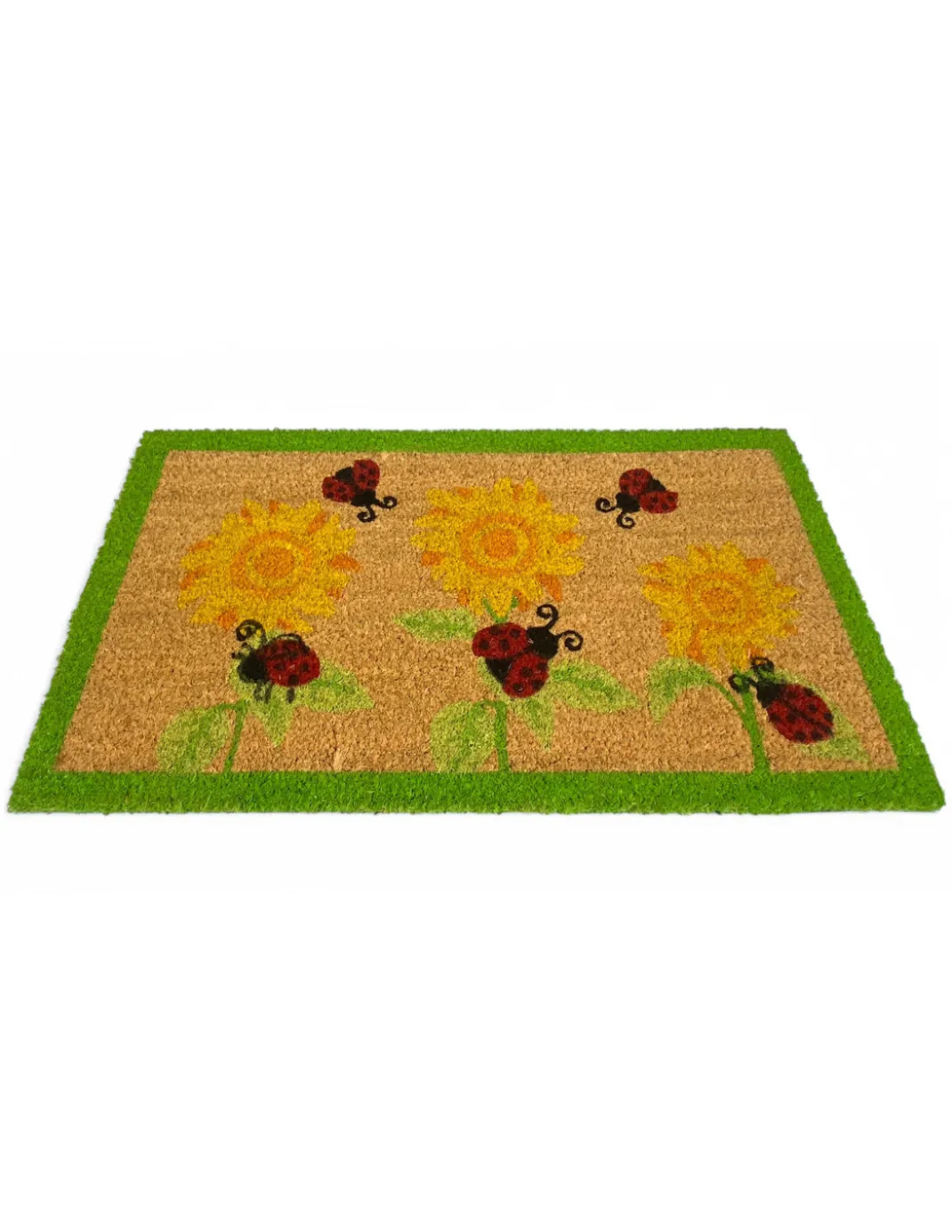 Tappeto Ingresso Esterno in Cocco - Zerbino Antiscivolo con Coccinelle e Girasoli - 40x70 cm
